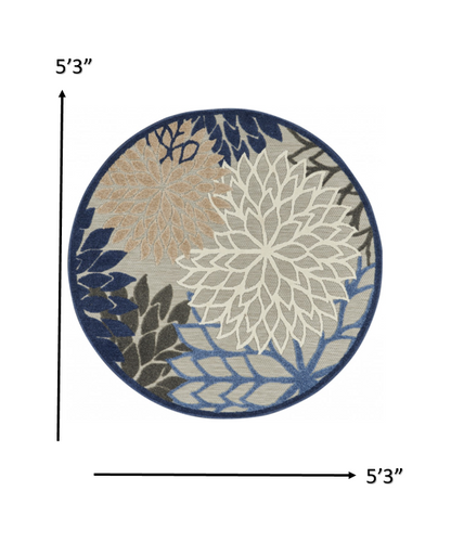 8' Round Blue And Gray Round Floral Indoor Outdoor Area Rug