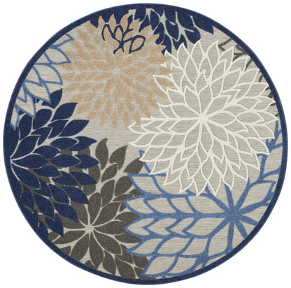 8' Round Blue And Gray Round Floral Indoor Outdoor Area Rug