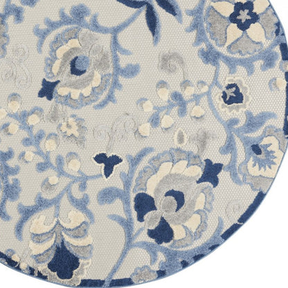 5' Round Blue And Gray Round Floral Indoor Outdoor Area Rug