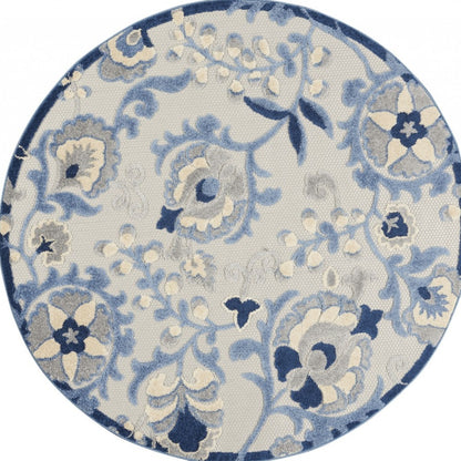 5' Round Blue And Gray Round Floral Indoor Outdoor Area Rug