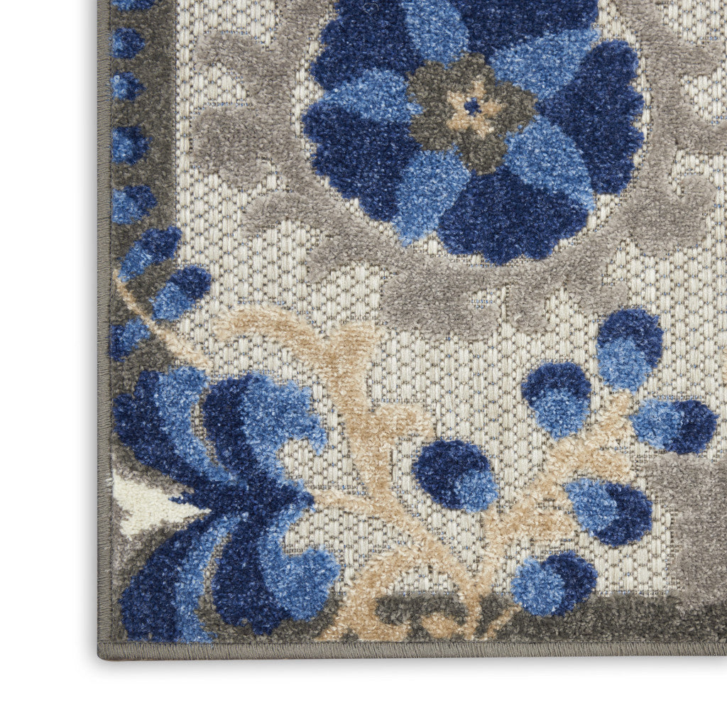 6' X 9' Blue And Gray Floral Indoor Outdoor Area Rug