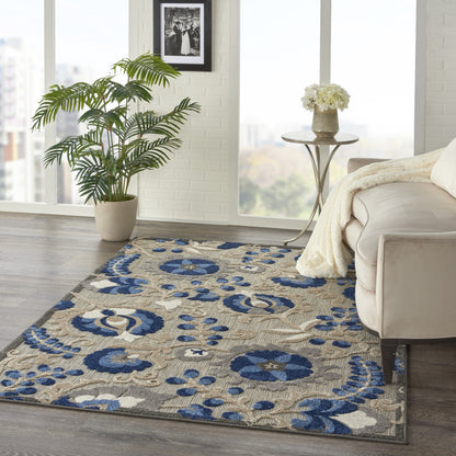 6' X 9' Blue And Gray Floral Indoor Outdoor Area Rug