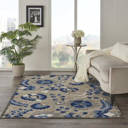 6' X 9' Blue And Gray Floral Indoor Outdoor Area Rug