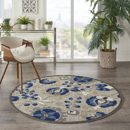 6' X 9' Blue And Gray Floral Indoor Outdoor Area Rug