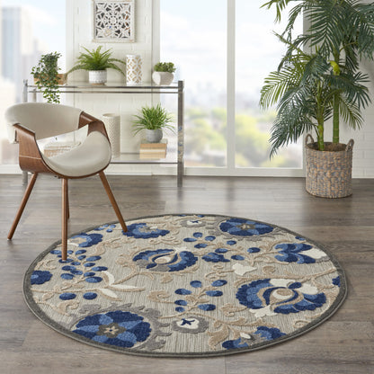 6' X 9' Blue And Gray Floral Indoor Outdoor Area Rug