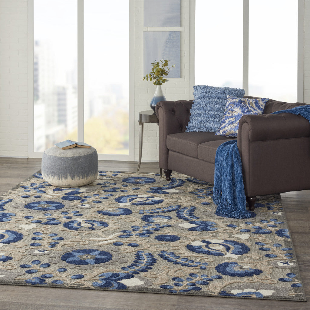 6' X 9' Blue And Gray Floral Indoor Outdoor Area Rug