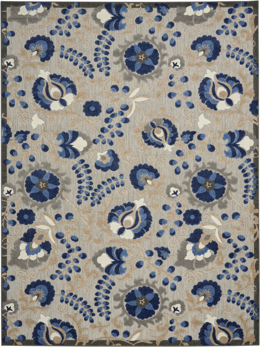 6' X 9' Blue And Gray Floral Indoor Outdoor Area Rug