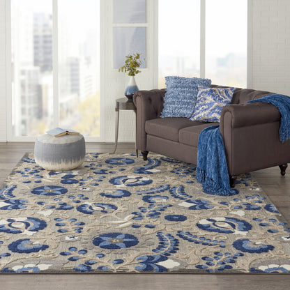 6' X 9' Blue And Gray Floral Indoor Outdoor Area Rug