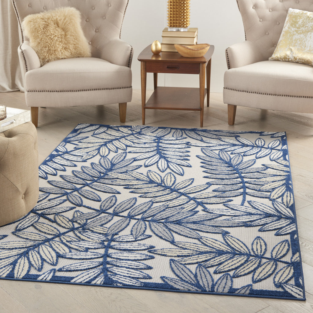 4' X 6' Ivory And Blue Floral Indoor Outdoor Area Rug