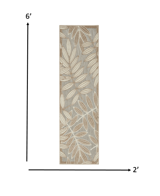 6' Runner Gray And Ivory Floral Stain Resistant Indoor Outdoor Runner Rug