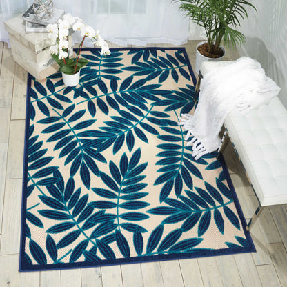 7' X 10' Blue And Ivory Floral Stain Resistant Indoor Outdoor Area Rug