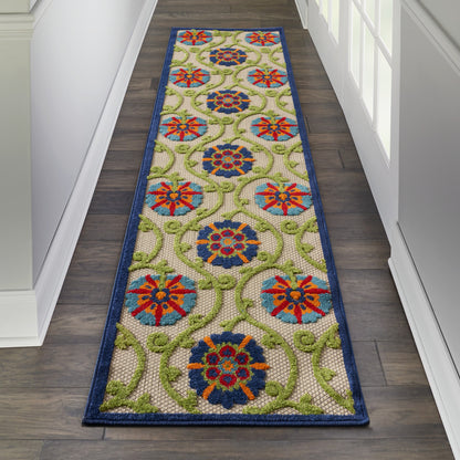 6' X 9' Ivory And Blue Floral Indoor Outdoor Area Rug