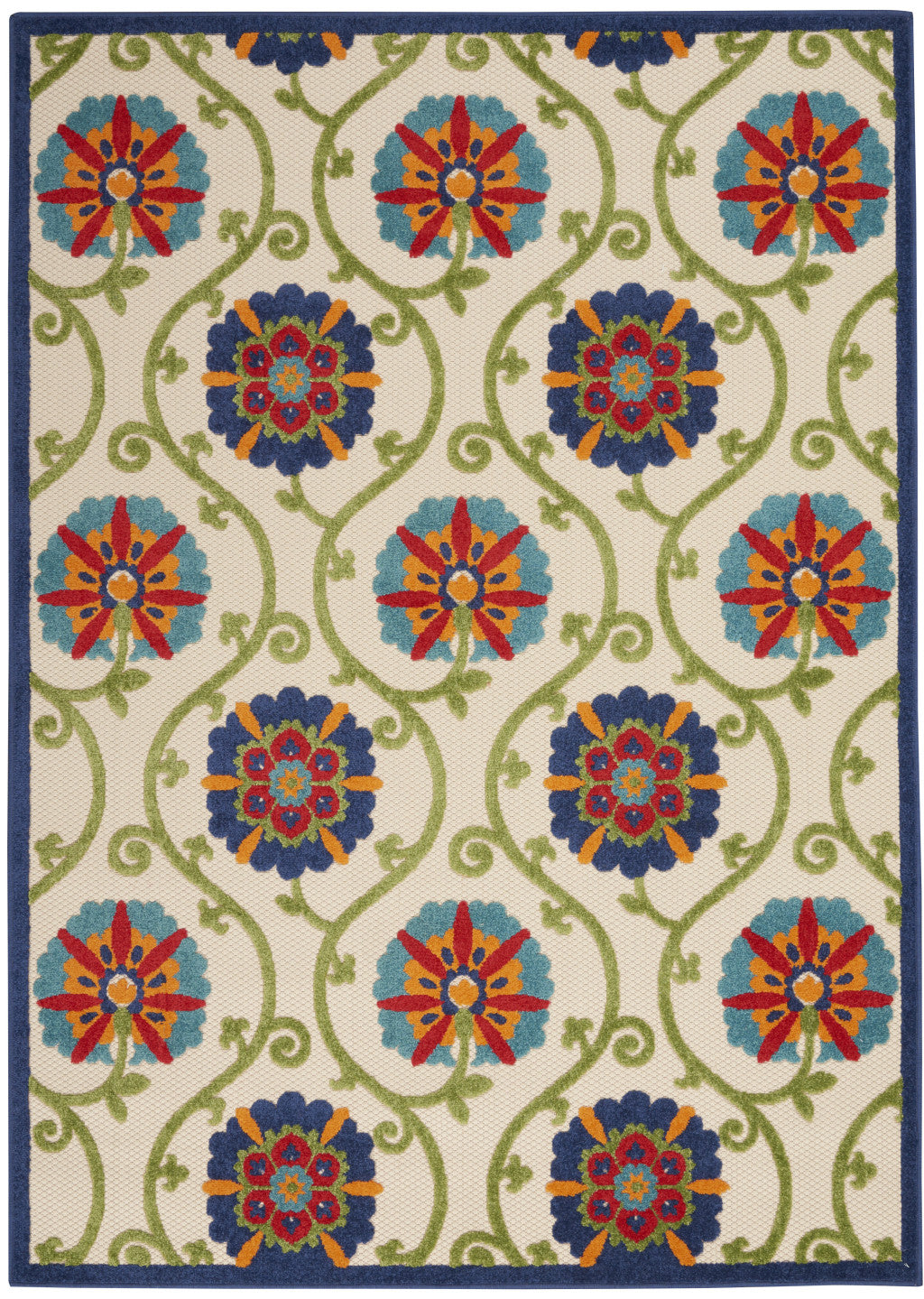 6' X 9' Ivory And Blue Floral Indoor Outdoor Area Rug