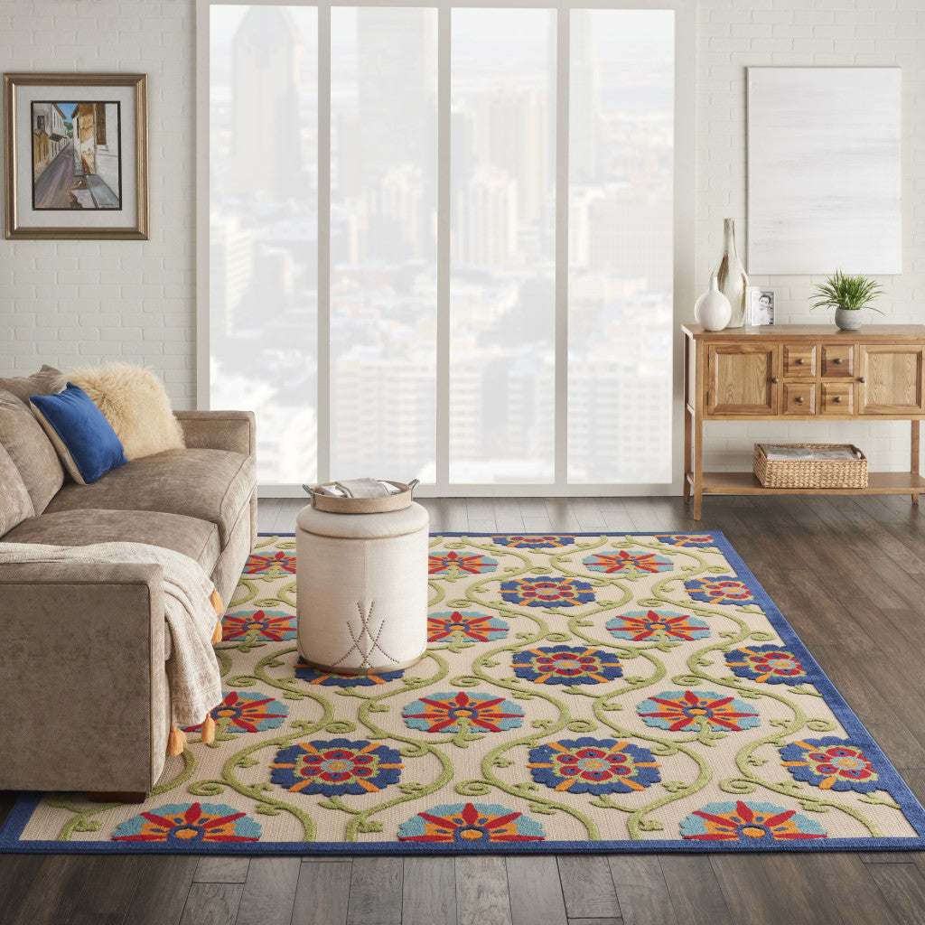 6' X 9' Ivory And Blue Floral Indoor Outdoor Area Rug