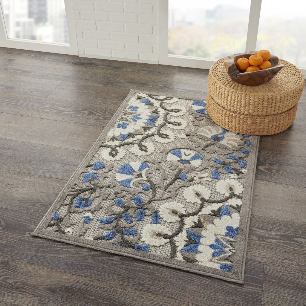 3' X 4' Blue And Gray Floral Indoor Outdoor Area Rug