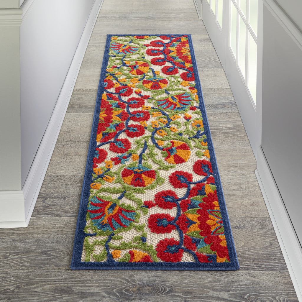 4' X 6' Red And Ivory Floral Indoor Outdoor Area Rug