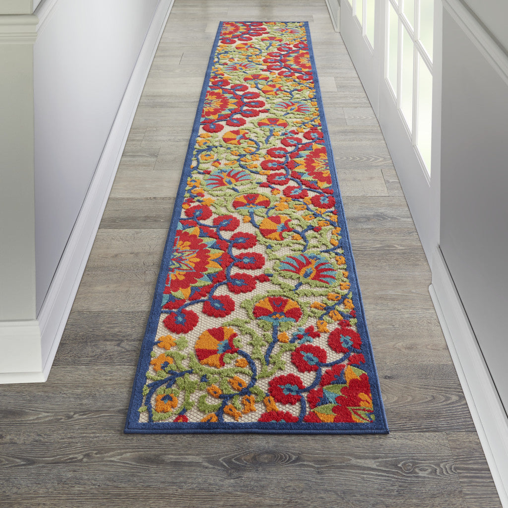 2' X 6' Red And Ivory Floral Indoor Outdoor Area Rug