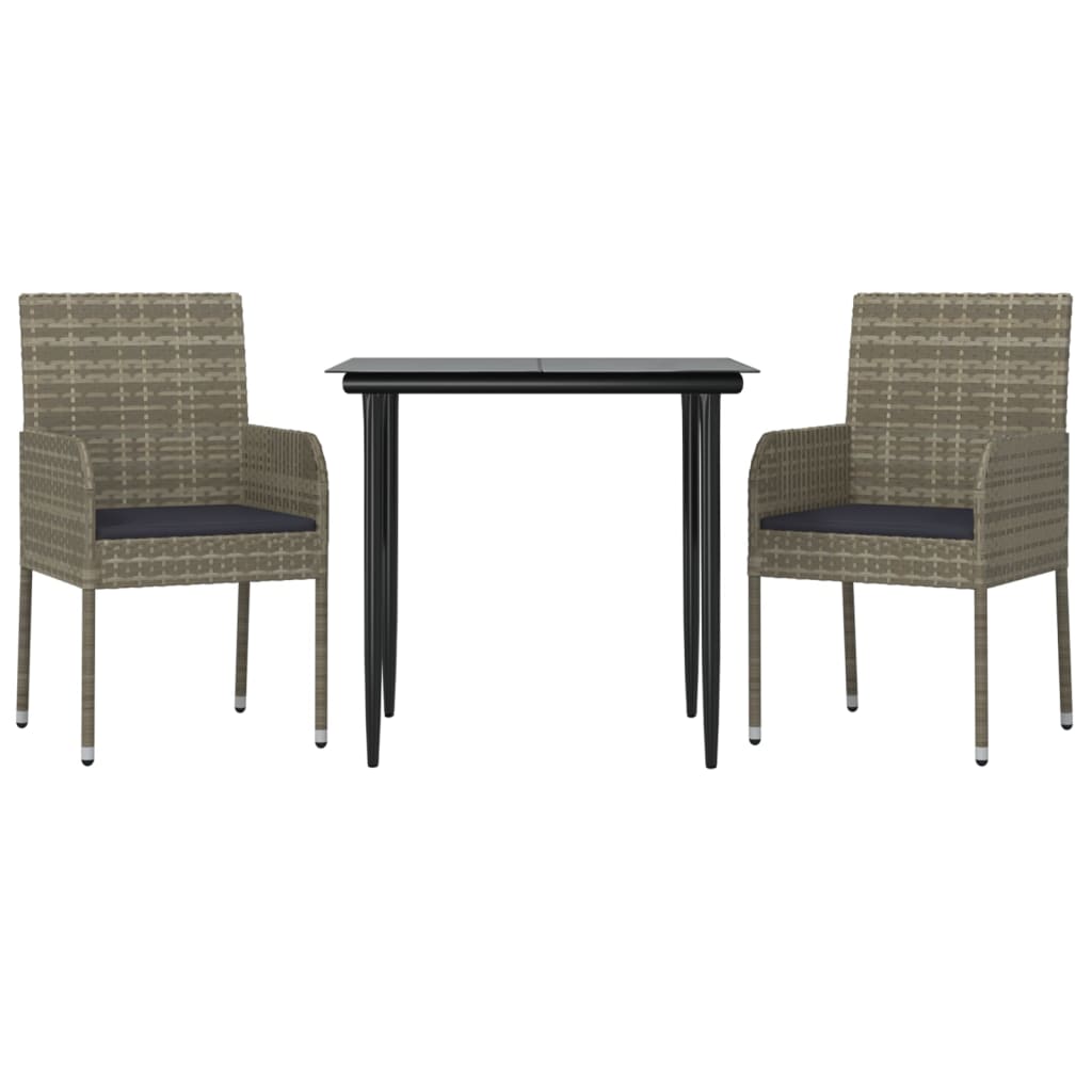 3 Piece Patio Dining Set with Cushions Black and Gray Poly Rattan