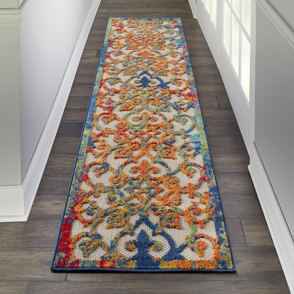 2' X 6' Ivory And Blue Floral Indoor Outdoor Area Rug