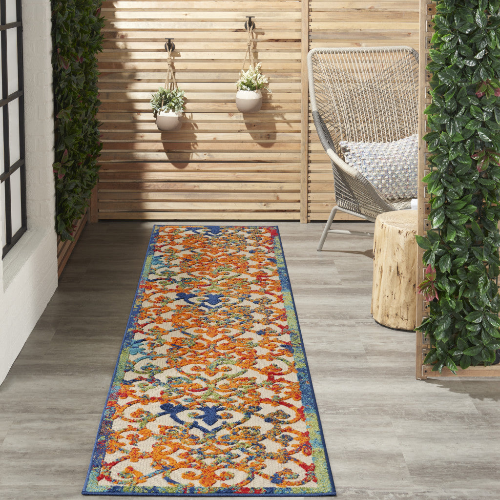 2' X 6' Ivory And Blue Floral Indoor Outdoor Area Rug