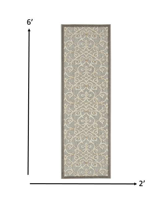 2' X 10' Gray And Ivory Floral Indoor Outdoor Area Rug