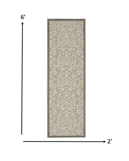 2' X 10' Gray And Ivory Floral Indoor Outdoor Area Rug