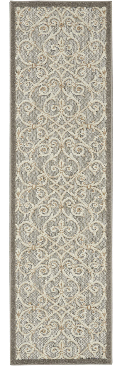 2' X 10' Gray And Ivory Floral Indoor Outdoor Area Rug