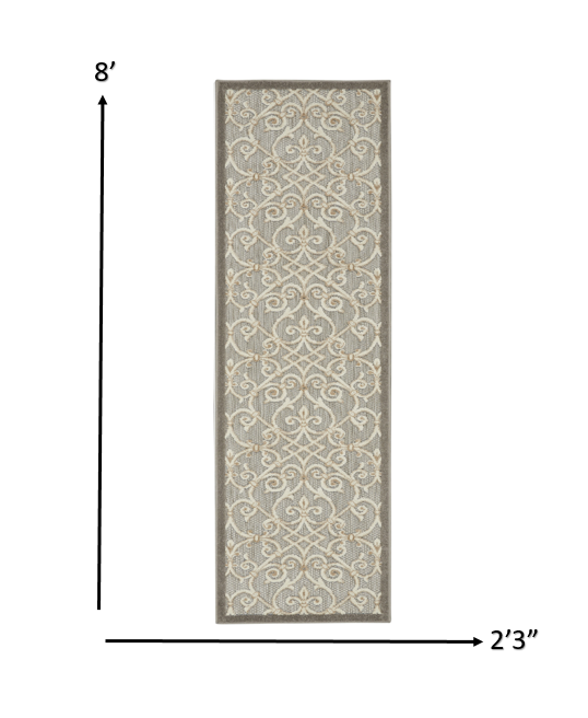 2' X 10' Gray And Ivory Floral Indoor Outdoor Area Rug