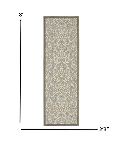 2' X 10' Gray And Ivory Floral Indoor Outdoor Area Rug