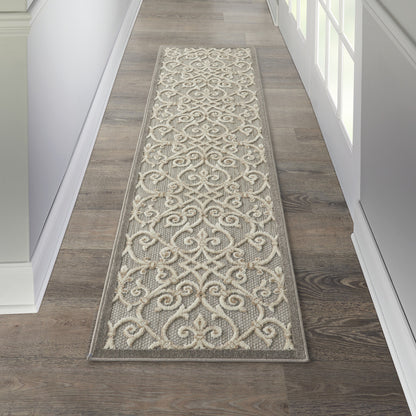 2' X 10' Gray And Ivory Floral Indoor Outdoor Area Rug