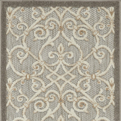 2' X 10' Gray And Ivory Floral Indoor Outdoor Area Rug