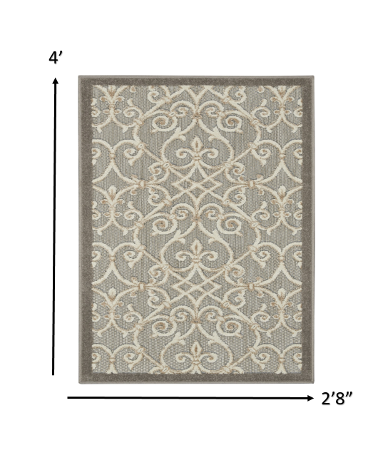 3' X 4' Gray And Ivory Floral Indoor Outdoor Area Rug