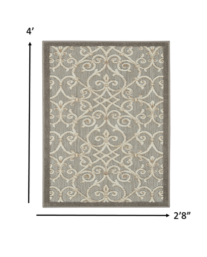 3' X 4' Gray And Ivory Floral Indoor Outdoor Area Rug