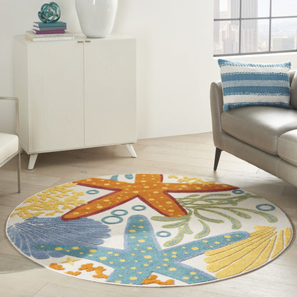 5' Round Yellow And Ivory Round Indoor Outdoor Area Rug