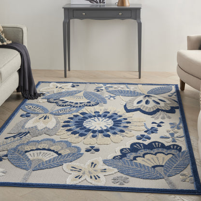 8' Round Blue And Gray Round Floral Indoor Outdoor Area Rug