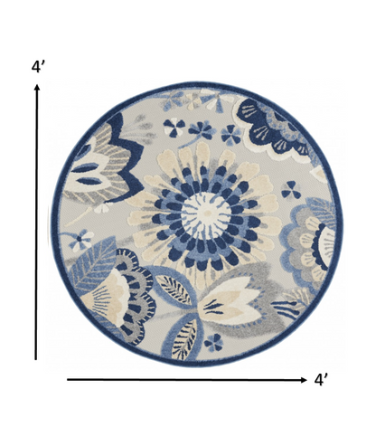 8' Round Blue And Gray Round Floral Indoor Outdoor Area Rug