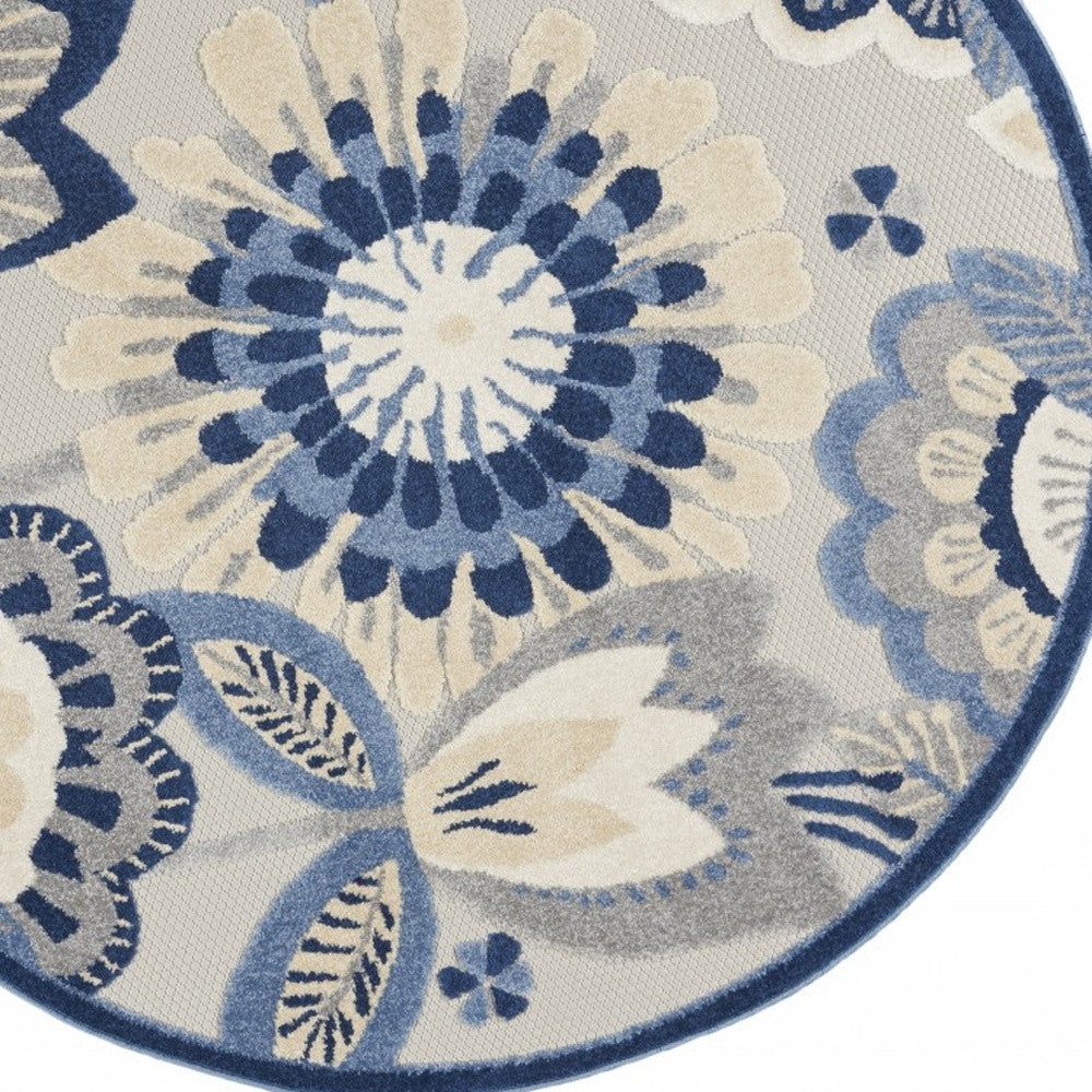 8' Round Blue And Gray Round Floral Indoor Outdoor Area Rug