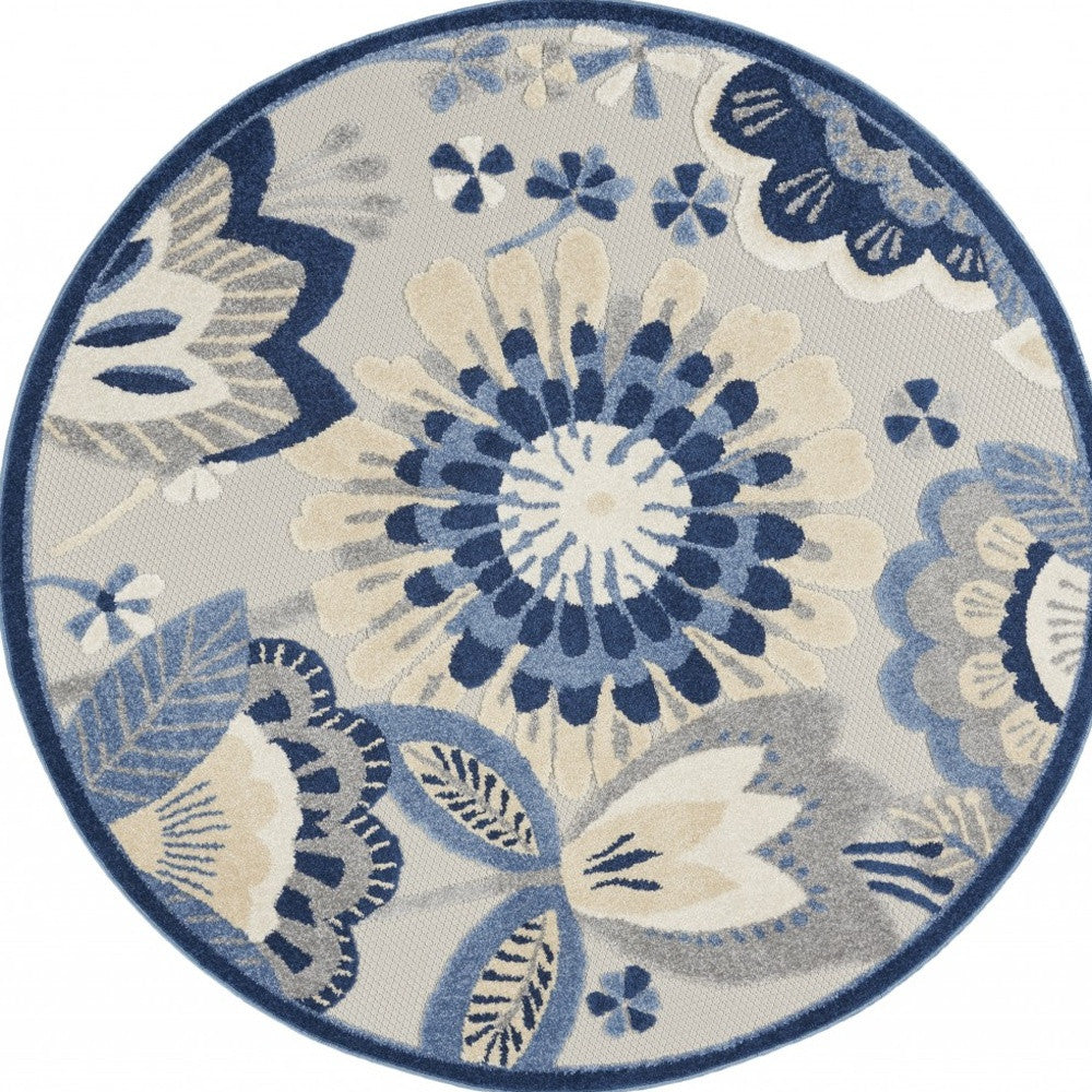 8' Round Blue And Gray Round Floral Indoor Outdoor Area Rug