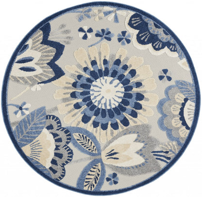 8' Round Blue And Gray Round Floral Indoor Outdoor Area Rug