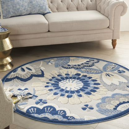 8' Round Blue And Gray Round Floral Indoor Outdoor Area Rug