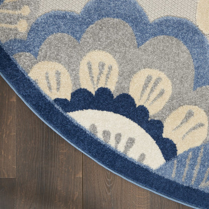 8' Round Blue And Gray Round Floral Indoor Outdoor Area Rug