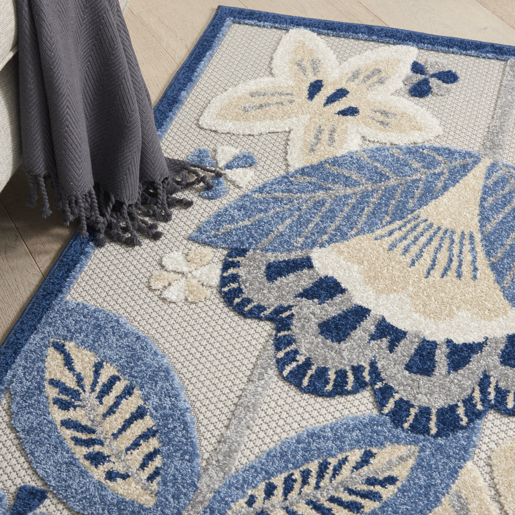 8' Round Blue And Gray Round Floral Indoor Outdoor Area Rug