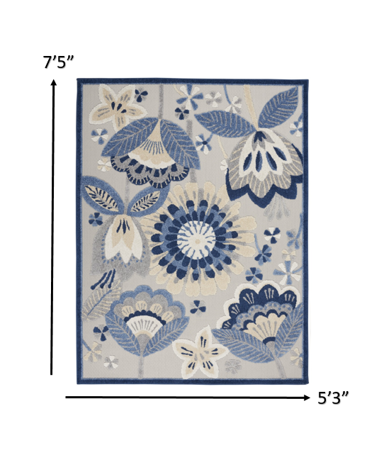 8' Round Blue And Gray Round Floral Indoor Outdoor Area Rug