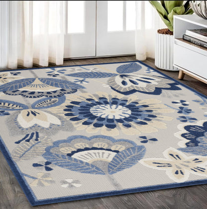 8' Round Blue And Gray Round Floral Indoor Outdoor Area Rug