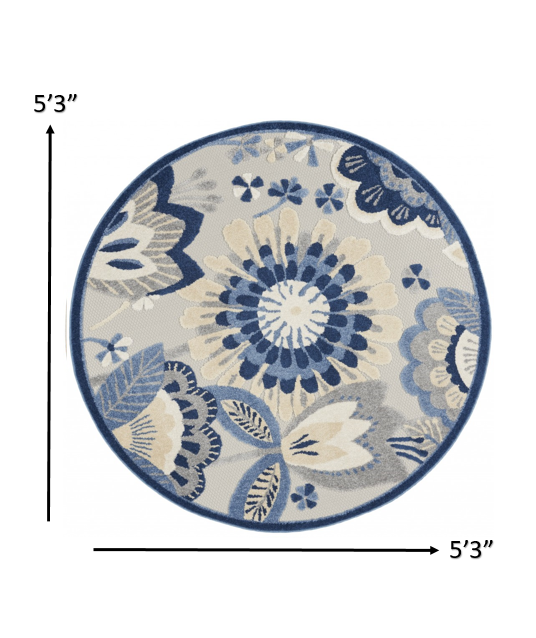 8' Round Blue And Gray Round Floral Indoor Outdoor Area Rug