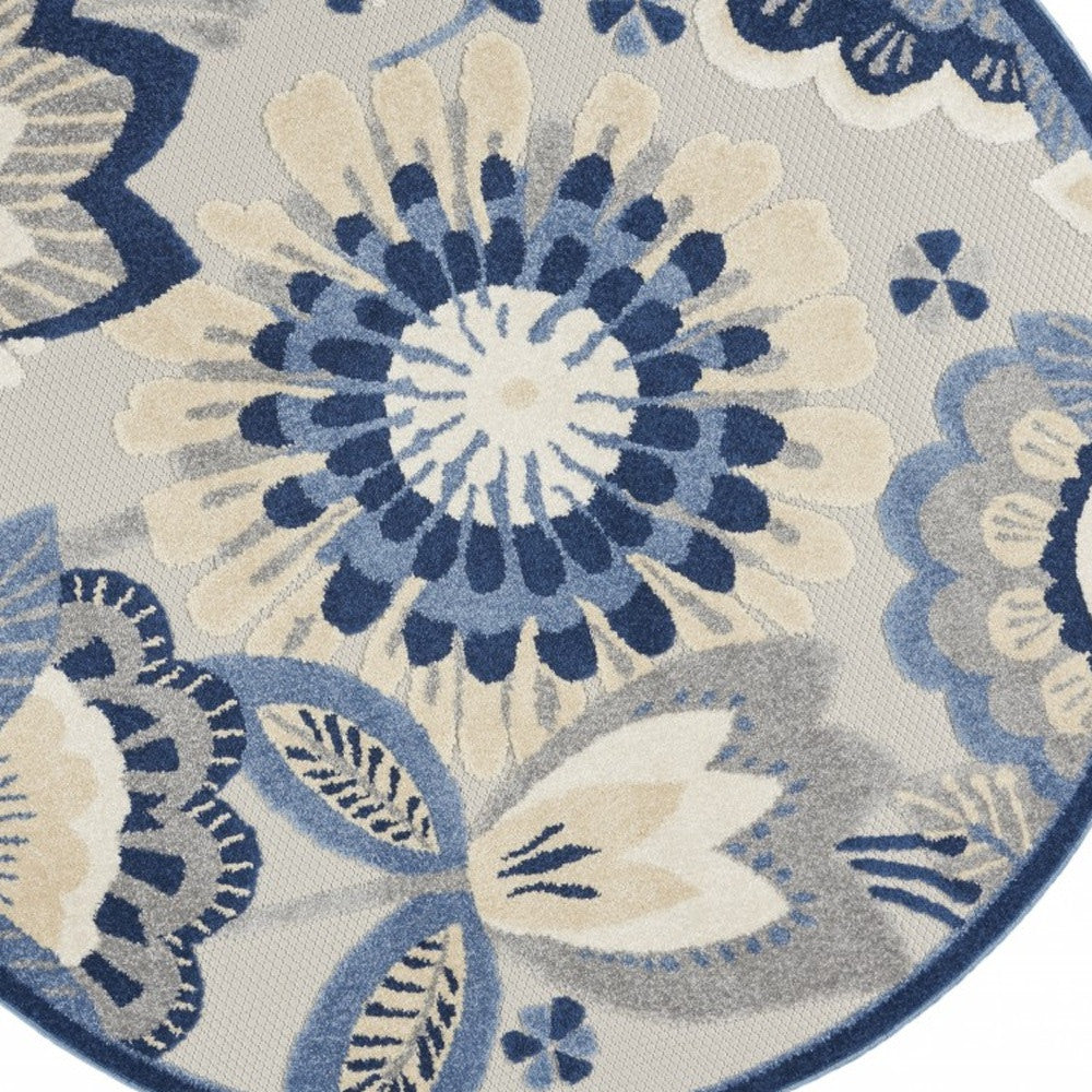 8' Round Blue And Gray Round Floral Indoor Outdoor Area Rug