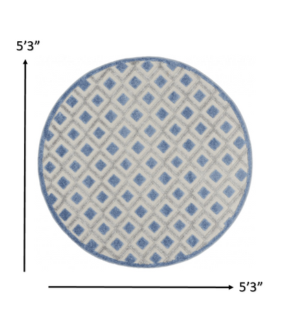 5' Round Blue And Gray Round Geometric Indoor Outdoor Area Rug