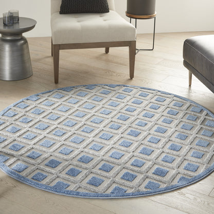 5' Round Blue And Gray Round Geometric Indoor Outdoor Area Rug