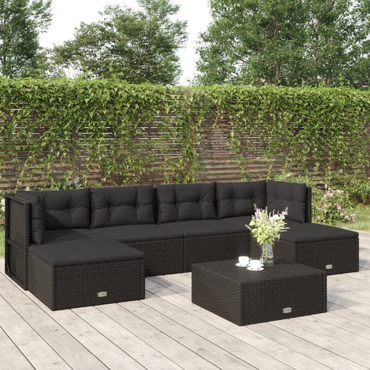 6 Piece Patio Lounge Set with Cushions Black Poly Rattan