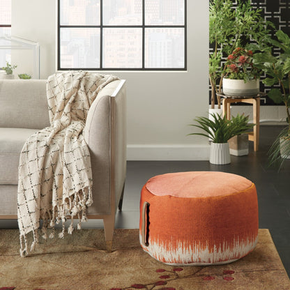 20" Orange and White Cotton Round Abstract Pouf Ottoman